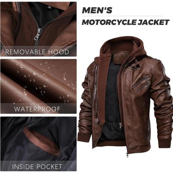 Men's Faux Leather Jacket Stand Collar Motorcycle Bomber Jackets Removable Hood - Picture 4 of 6